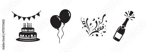 Collection of festive web icons for celebrations and events featuring gift boxes, balloons, and party symbols, vector illustrations.