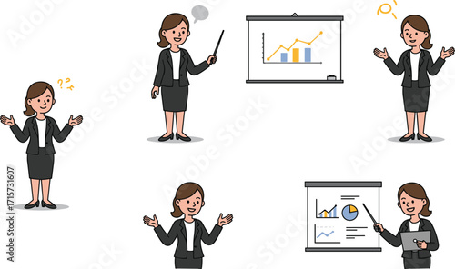 Cartoon businesswoman giving presentation, office professional character, business meeting, corporate training, chart analysis, public speaking, seminar illustration