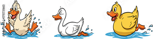 Cartoon duck swimming, funny duck clipart, cute yellow duck, happy duckling, farm bird, waterfowl illustration, domestic animal, pond character