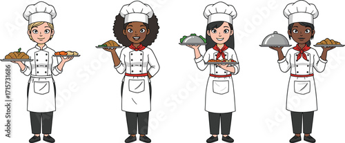 Cartoon female chefs holding dishes, restaurant workers, culinary professionals, cooking staff, gourmet food service, kitchen team, hospitality illustration, chef uniform characters