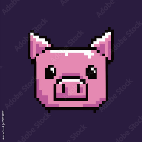 A cheerful pig head created in pixel art style displays bright pink hues and charming facial features. Its playful design stands out against a deep background.