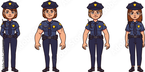 Cartoon female police officers, law enforcement women, security workers, patrol characters, authority figures, justice protectors, cop uniform, safety duty, policewoman illustration
