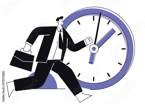 Businessman running with briefcase next to a large clock