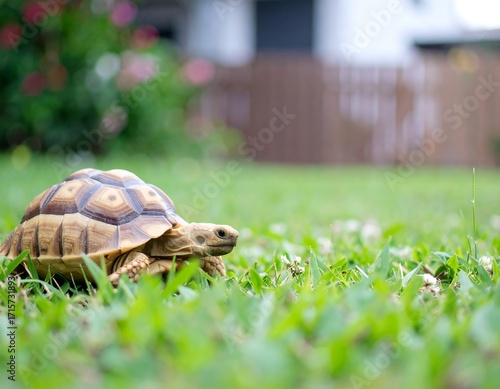 Tortoise in a grassy yard
