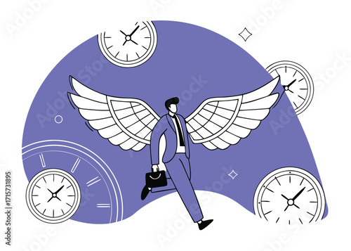 Businessman with wings flying through time clock