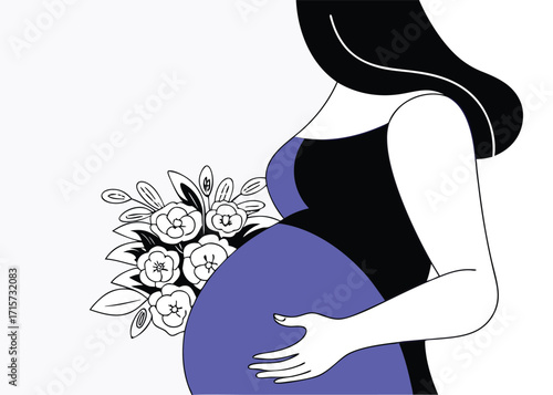 Close-up of pregnant belly with bouquet of flowers