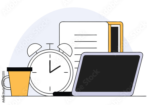Desk setup with alarm clock, laptop, and coffee cup