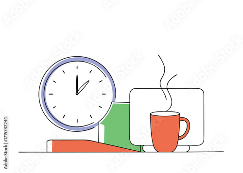 Desk Setup with Clock, Coffee Cup, and Computer workspace