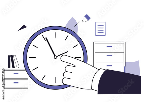 Hand adjusting a clock with office furniture time