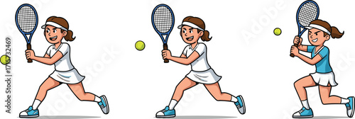Cartoon tennis girl playing, female athlete hitting ball, sports illustration, tennis action pose, active lifestyle, children sports, healthy activity, fun