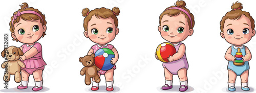 Cute baby cartoon girls, toddlers holding toys, children with teddy bear, colorful ball, happy kids illustration, playful child clipart, nursery vector