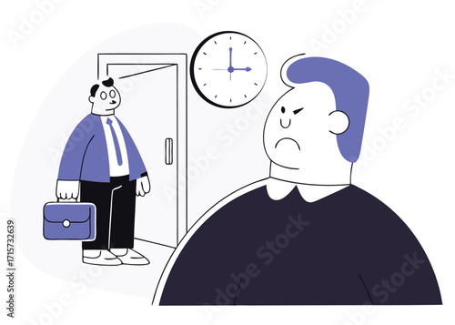 Man arriving late at office to angry boss business