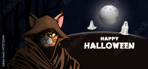 Vector cartoon of brutal ginger cat in hooded tunic. Happy Halloween. Bright glowing toon moon and ghosts. Dark scary mysterious night. Holiday poster or postcard