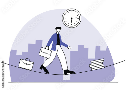 Man balancing on tightrope with briefcases and books