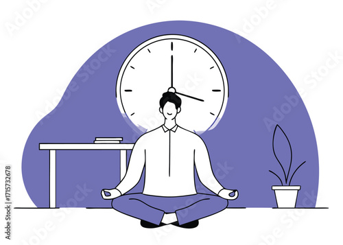 Man Meditating in Front of Large Clock in Office Setting