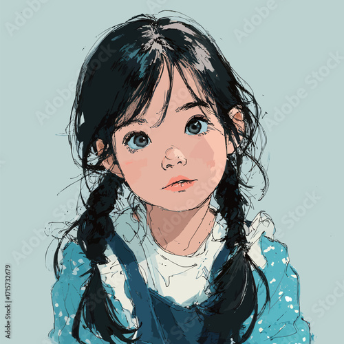 A young girl with long black hair in braids gazes intently with big blue eyes. She wears a blue outfit with white accents and appears deep in thought against a light background.