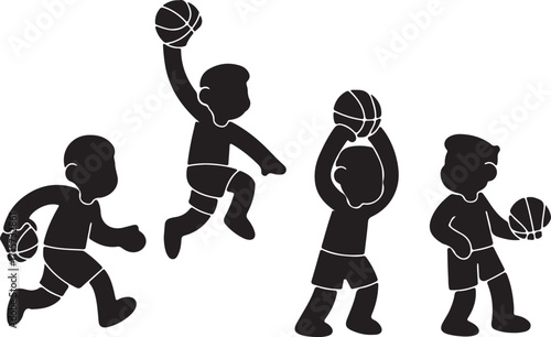 Basketball Player Silhouette Vector Set — Dribbling, Dunking, Shooting, Minimalist Flat Design