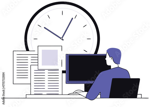 Man Working Late At Desk With Clock And Papers computer