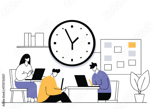 People working at desks with a large clock office laptops