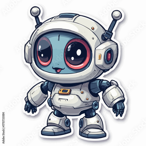 Adorable cartoon robot character with big red eyes and antennas, isolated on white background, illustration