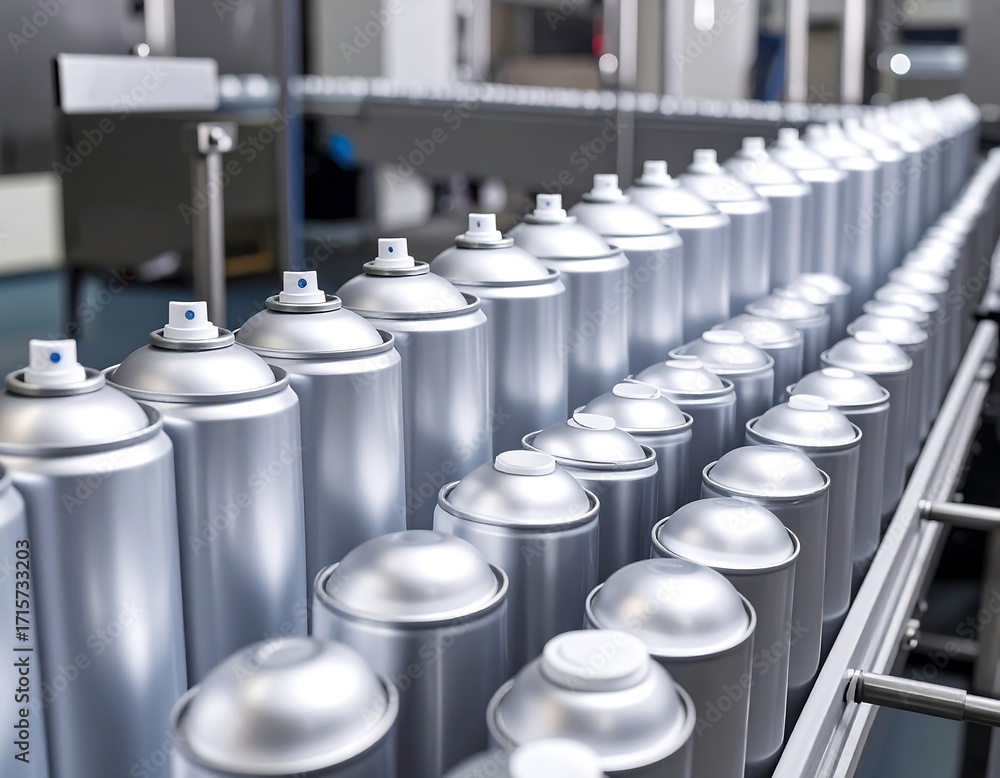 Obraz premium Silver spray paint cans on a conveyor belt in a factory
