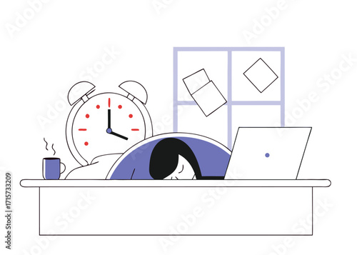 Person sleeping at a desk with a laptop and coffee