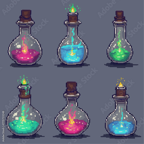 Pixel Art Bottles of Colorful Potions, Digital Illustration, Fantasy Game Assets