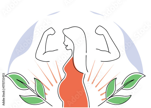 Pregnant woman silhouette flexing muscles with leaves and sun rays