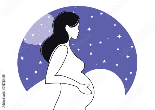 Pregnant woman silhouette against starry night sky