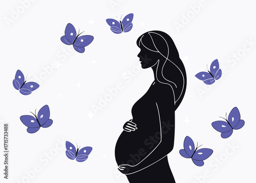 Pregnant Woman Silhouette Surrounded by Butterflies Keywords: pregnant, woman, silhouette
