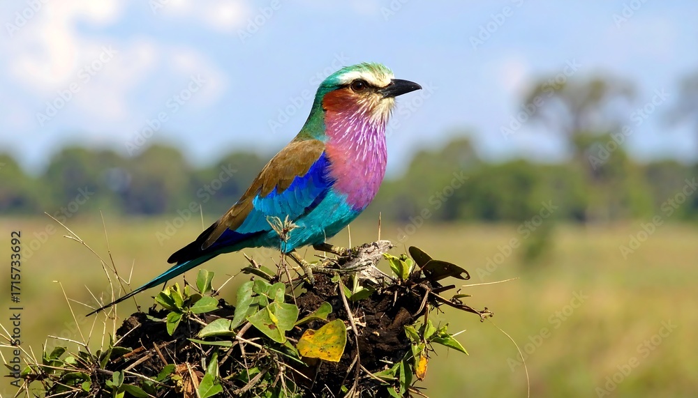 Fototapeta premium A vibrant lilac-breasted roller perches gracefully on a patch of foliage, showcasing its dazzling array of plumage against a serene, out-of-focus background.