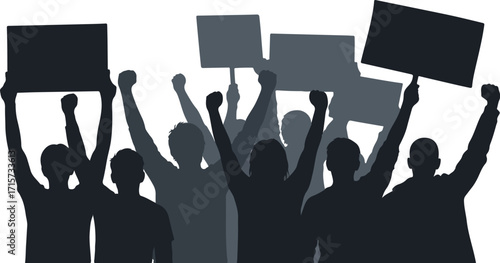 Crowd Silhouette Vector Illustration – Black and White Group of People with Raised Arms, Banners and Flags at Protest, Rally, Demonstration, Activism, Celebration or Social Event