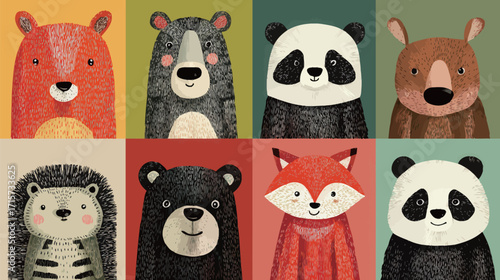 A collection of whimsical animal portraits featuring a bear, panda, fox, hedgehog, and more, created in vibrant colors. Each animal has a unique and playful expression.