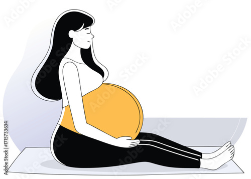Pregnant woman sitting on yoga mat holding belly vector