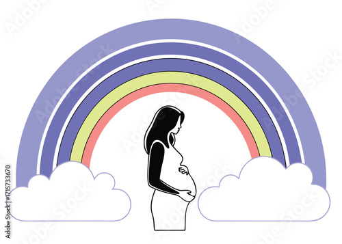 Pregnant woman silhouetted against a rainbow and clouds