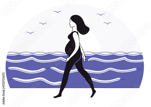 Pregnant woman walking on beach with ocean and birds