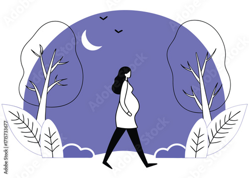 Pregnant woman walking in a park at night Keywords: pregnant, woman, walking, park, night, moon