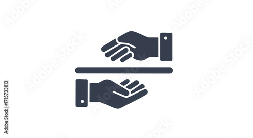 Clean graphic representation of hands interacting across a central line, signifying concepts of fair trade, equality, and cooperative exchange.