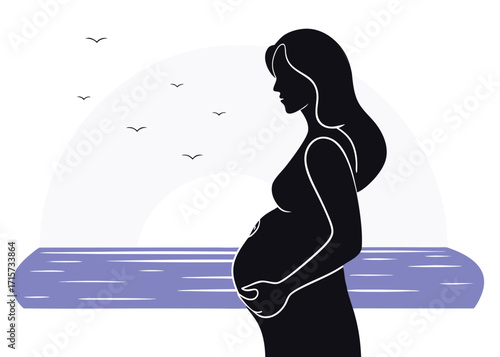 Silhouette of pregnant woman by the water with birds