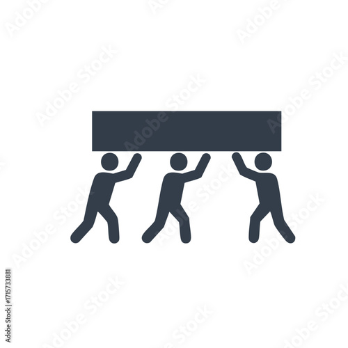 A clean, minimalist icon depicts three individuals collaborating to carry a large object, symbolizing effective teamwork, shared responsibility, and collective achievement.
