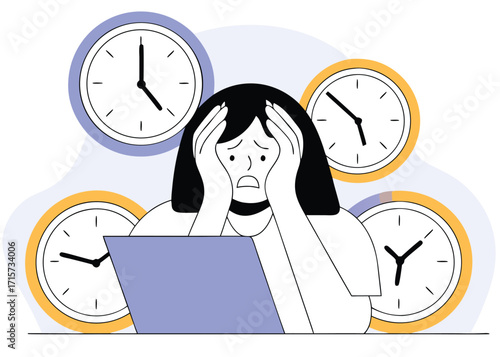 Stressed person with multiple clocks and a laptop anxiety