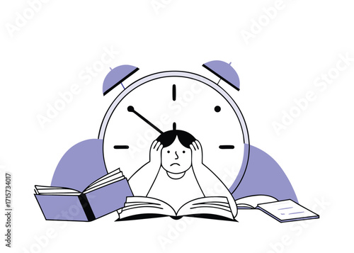 Stressed student overwhelmed by books and time studying