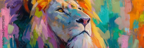Majestic lion portrait with vibrant colors and textured brush strokes.