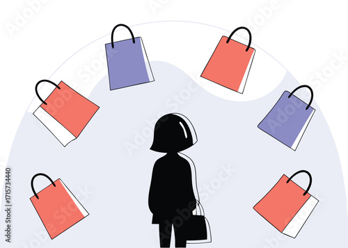 Woman surrounded by shopping bags Keywords: shopping, consumerism, woman, bags, retail, purchase