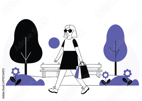 Woman walking in park with shopping bag vector illustration