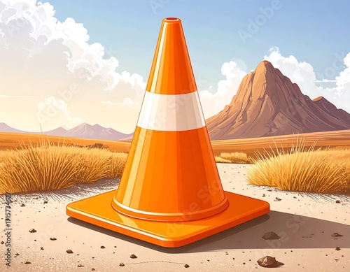 Traffic cone in a desert landscape