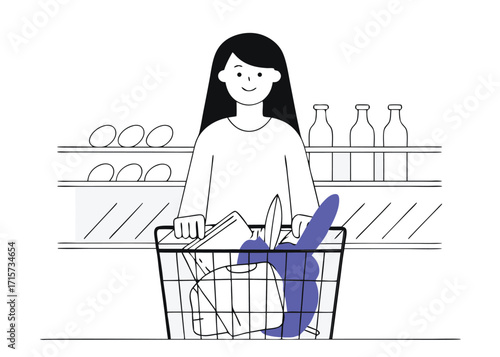 Woman with shopping basket in grocery store aisle groceries