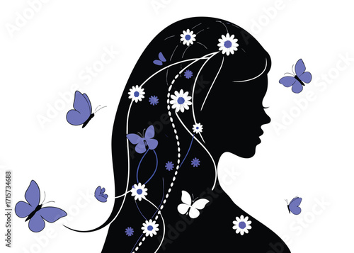 Woman's silhouette profile with butterflies and flowers in hair