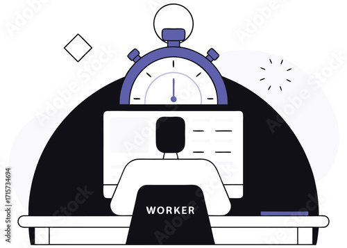 Worker at computer with stopwatch overhead person desk