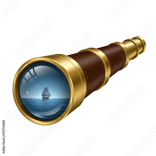 Vintage Columbus Day Telescope with Sailing Ship Vector Illustration on White Background
